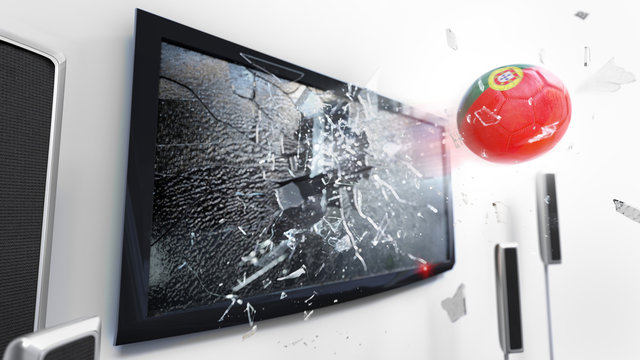 Soccer ball with the flag of Portugal kicked through a shattering tv screen.(3D rendering series)