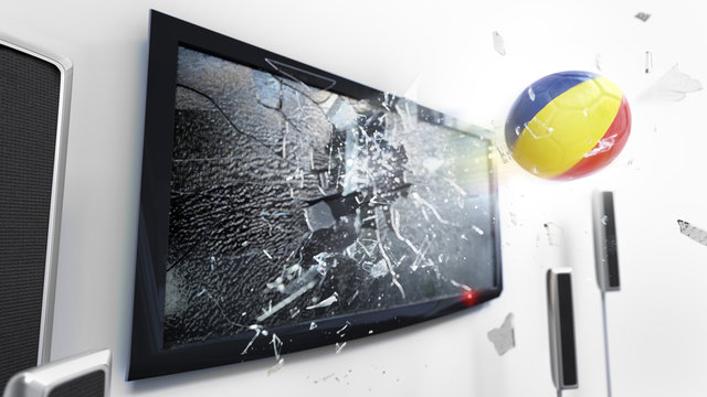 Soccer ball with the flag of Romania kicked through a shattering tv screen.(3D rendering series)