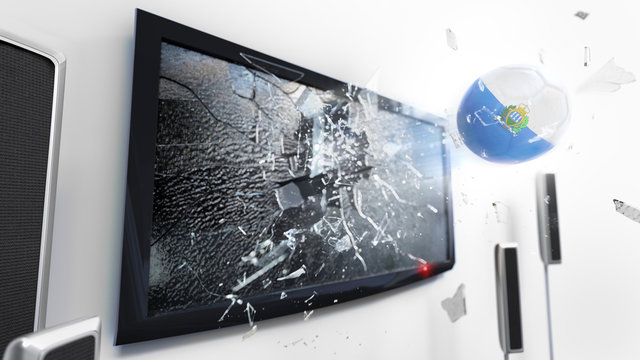 Soccer ball with the flag of San Marino kicked through a shattering tv screen.(3D rendering series)