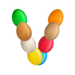 The letter V of the English alphabet is made up of colorful eggs. Isolated. White background. Education