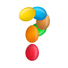 Question mark is made up of colorful eggs. Isolated. White background. Education