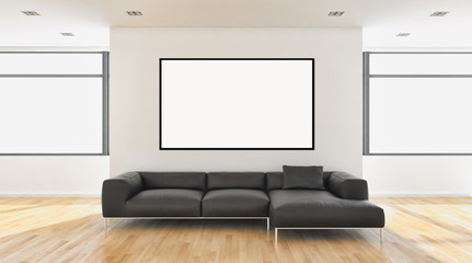 Modern bright interiors apartment with mockup poster frame 3D rendering