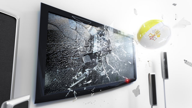 Soccer ball with the flag of Vatican City kicked through a shattering tv screen.(3D rendering series)