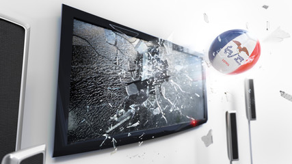 Soccer ball with the flag of Iowa kicked through a shattering tv screen.(3D rendering series)