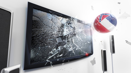 Soccer ball with the flag of Mississippi kicked through a shattering tv screen.(3D rendering series)