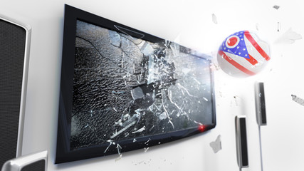 Soccer ball with the flag of Ohio kicked through a shattering tv screen.(3D rendering series)