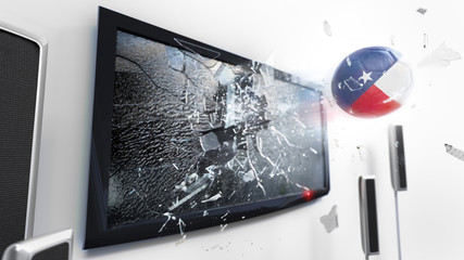 Soccer ball with the flag of Texas kicked through a shattering tv screen.(3D rendering series)