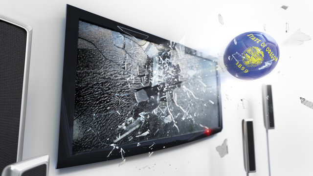 Soccer ball with the flag of Oregon kicked through a shattering tv screen.(3D rendering series)
