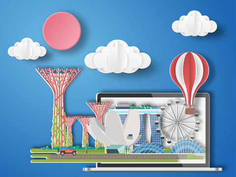 Paper art singapore infographic . singapore cityscape with labtop .