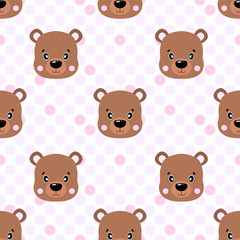 Seamless vector baby pattern with animals bear face.