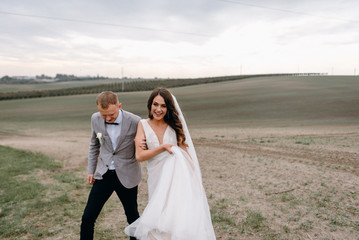 A beautiful couple on a wedding day are walking around the field. Gently touch each other with their hands, hug. Happy newlyweds