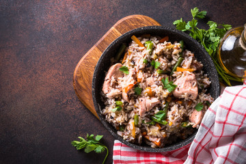 Pilaf with turkey meat and brown rice.