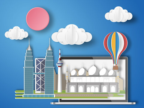 Paper art Malaysia infographic . Malaysia cityscape with labtop .