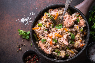 Pilaf with turkey meat and brown rice.