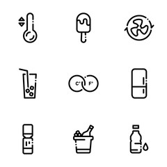 Set of black icons isolated on white background, on theme Cold drinks, ice cream and cooling systems