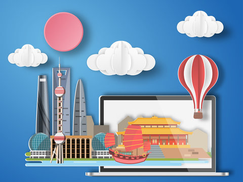Paper art Shanghai ,China infographic . China cityscape with labtop .