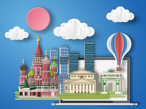 Paper art Moscow ,Russia infographic .  Russia cityscape with labtop .