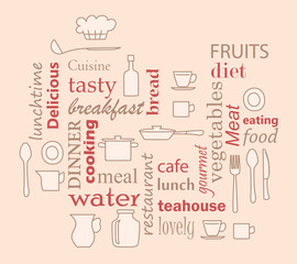 word collage for kitchen and cooking with kitchenware items - beige and red vector