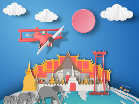 Paper art Bankok, Thailand infographic . Airplane flying to Thailand.