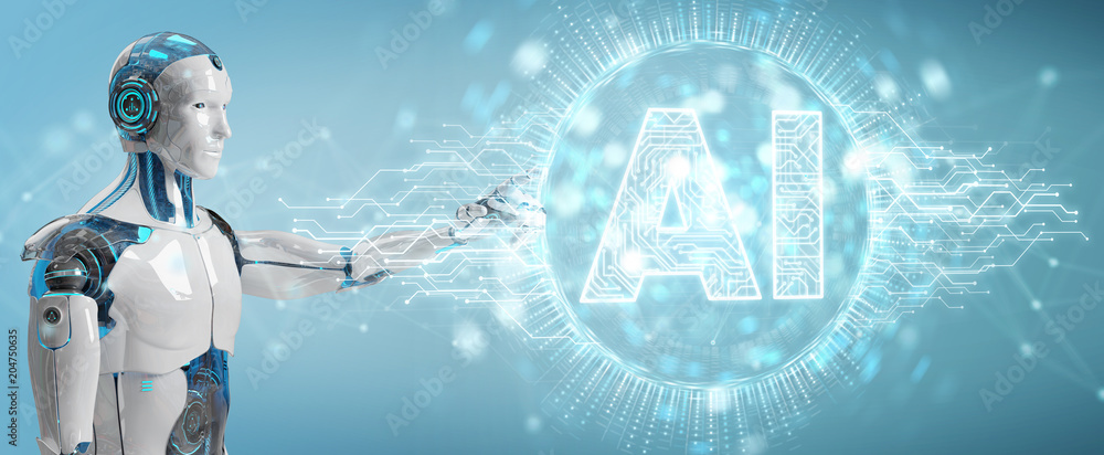 Leinwandbilder white humanoid using digital artificial intelligence icon hologram 3d rendering