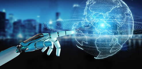 White robot hand using globe network hologram with America Usa map 3D rendering