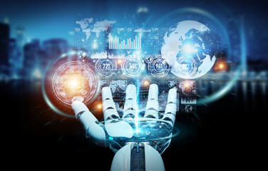 White cyborg hand using digital datas interface 3D rendering