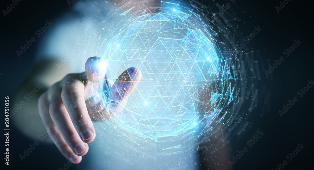 Poster businessman using digital triangle exploding sphere hologram 3d rendering