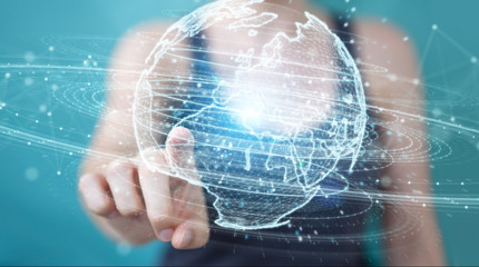 Businesswoman using globe network hologram with Europe map 3D rendering