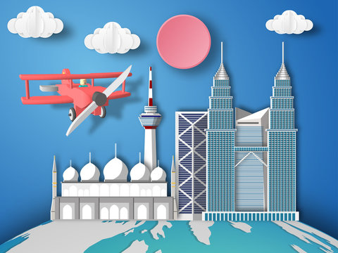 Paper art Malaysia infographic . Airplane flying to Malaysia.