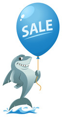 Funny shark holding balloon with sale sign. Cartoon styled vector illustration. Elements is grouped. No transparent objects.