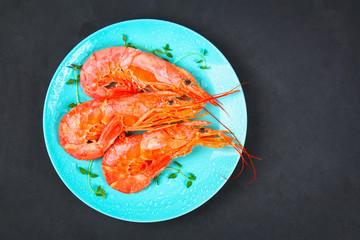 Large royal raw frozen prawns on a blue plate with thyme and basil on a concrete table. Red shrimps. Top view.