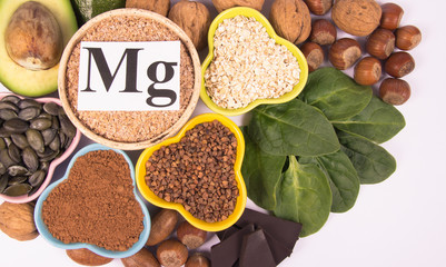 Products containing magnesium. Healthy food. White background.