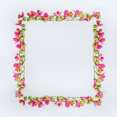 Creative floral design frame layout with pink and green exotic flowers on white  background, top view