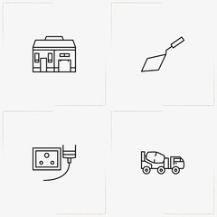 Construction line icon set with house, concrete mixer  and trowel