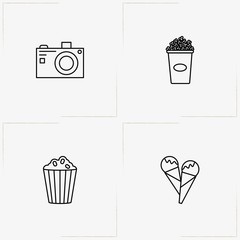 Entertaiment line icon set with popcorn , photo camera and ice cream