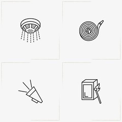Firefighter line icon set with matches, loudspeaker and fire alert on ceiling - 204752853