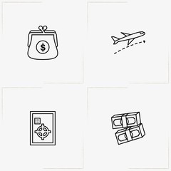 Economics line icon set with airplane, wallet and money