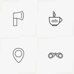 Camping line icon set with binocular, coffee cup  and location