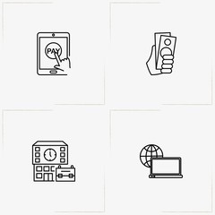 Banking line icon set with money, mobile payment and laptop