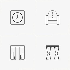 Decor line icon set with wall clock , curtains and armchair