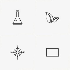 Education line icon set with compass, laptop and flask