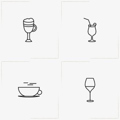 Drink line icon set with cocktail, cup of tea and glass