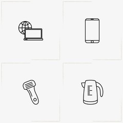 Electronic Devices line icon set with shaver, electric kettle and laptop