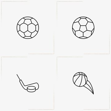 Balls line icon set with soccer ball, basketball and hockey stick