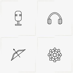 Entertaiment line icon set with headphone, cross bow and ferris wheel