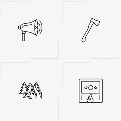 Firefighter line icon set with fire alert, wildfire and hatchet