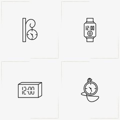 Clock line icon set with pocket watch, street clock  and electronic table watch