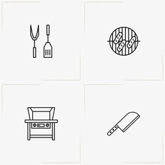 Barbecue line icon set with sausage on barbecue, kitchen spatula and chef's ax