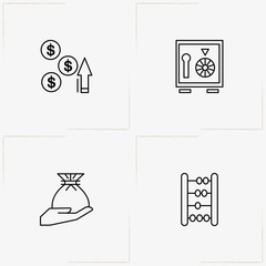 Banking line icon set with currency growth, money bag and safe
