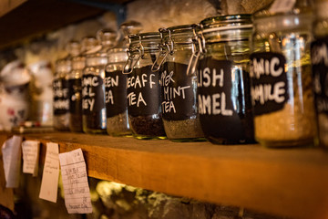 Tea and coffee jars on a shelf